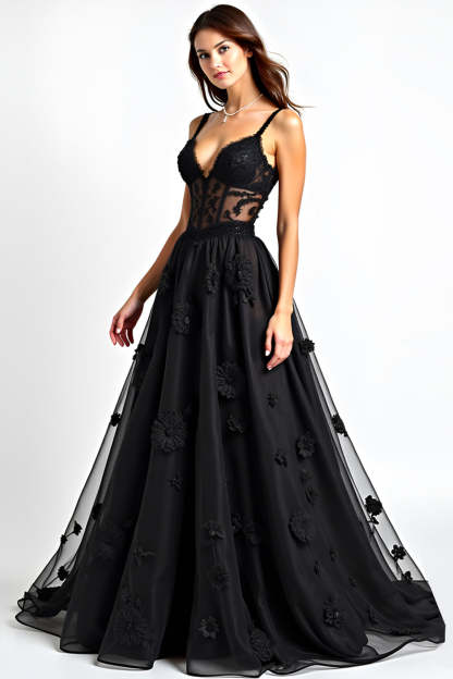 Black A Line Corset Long Appliqued Formal Dress