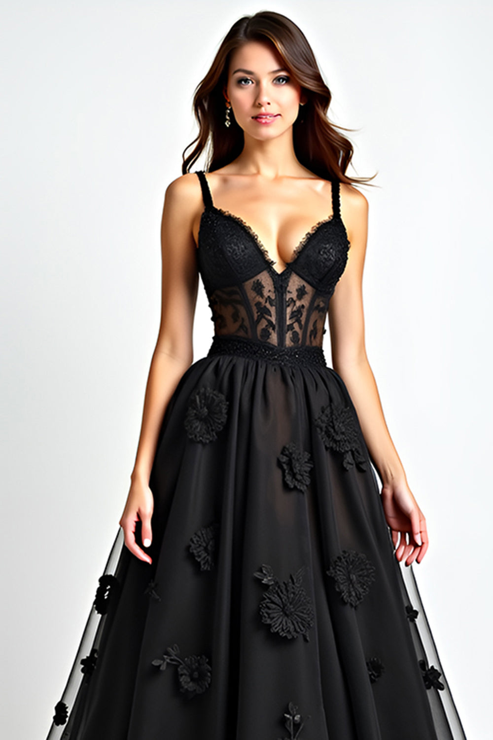 Black A Line Corset Long Appliqued Formal Dress