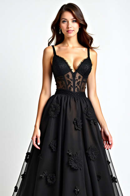 Black A Line Corset Long Appliqued Formal Dress