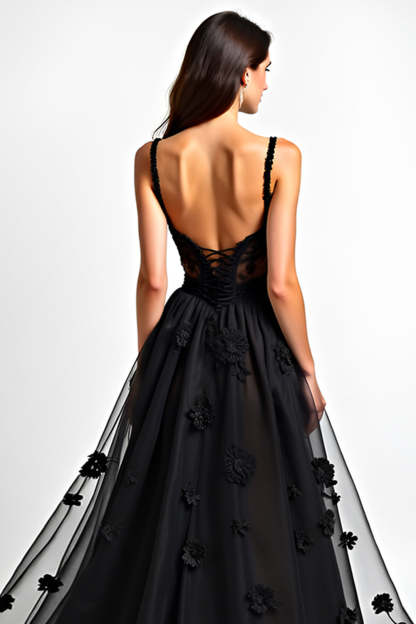 Black A Line Corset Long Appliqued Formal Dress