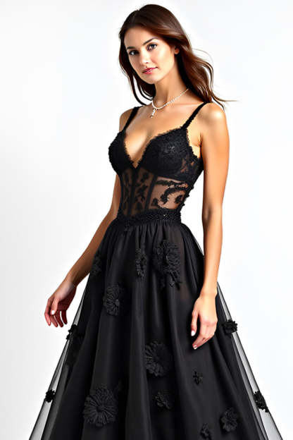 Black A Line Corset Long Appliqued Formal Dress