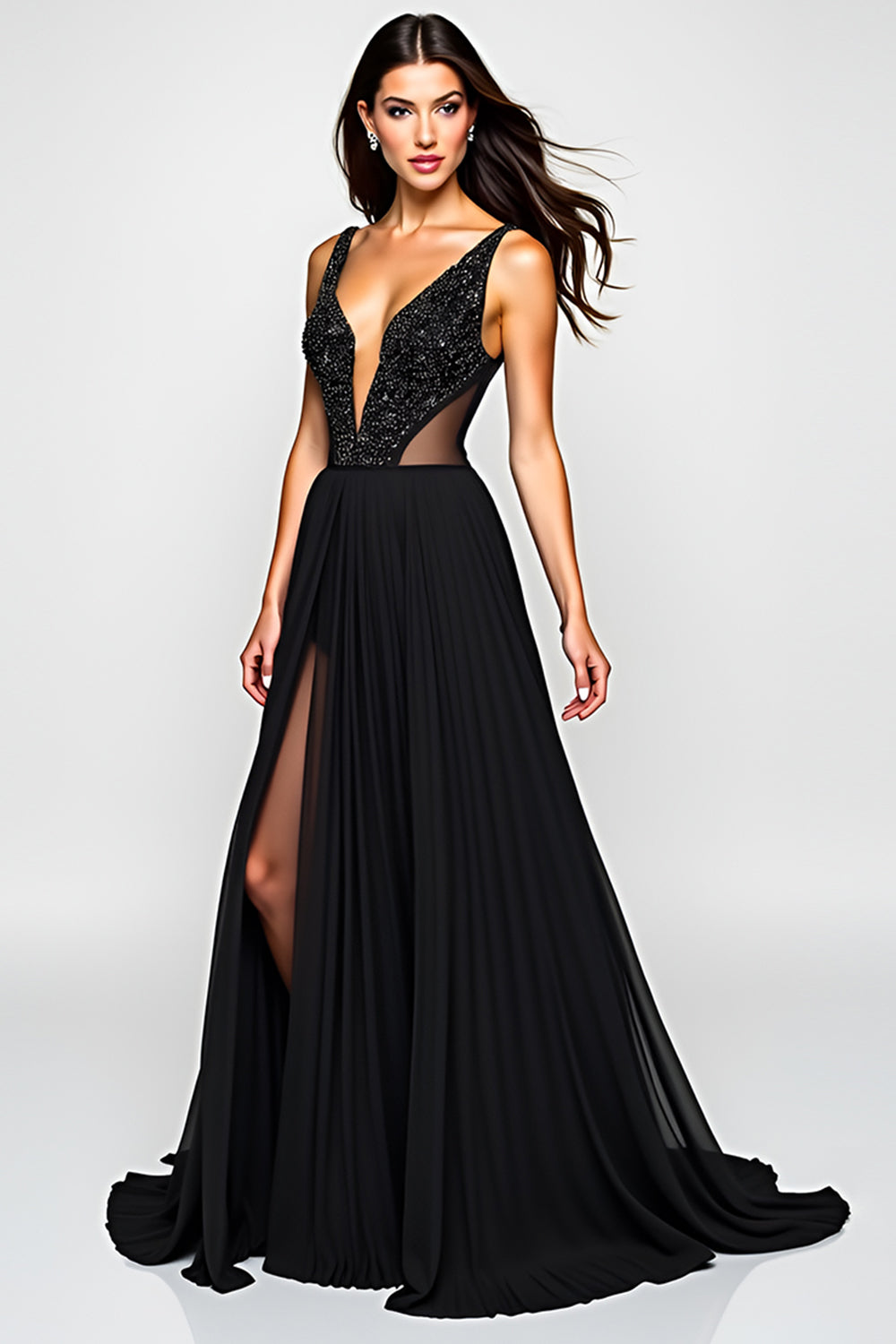 Leely Women Black A Line Cut-Out Long Formal Dress with Slit Beaded Backless Sleeveless Black Tie Dress