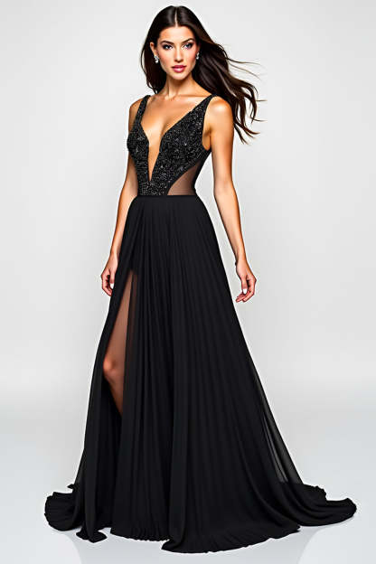 Leely Women Black A Line Cut-Out Long Formal Dress with Slit Beaded Backless Sleeveless Black Tie Dress