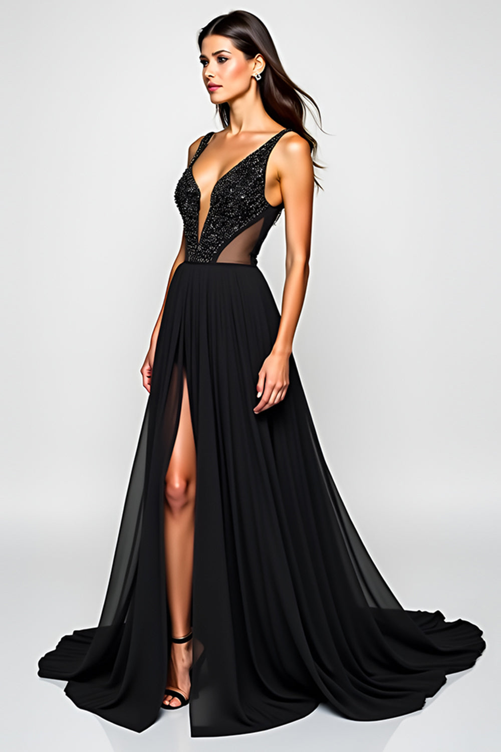 Black A Line V Neck Cut-Out Long Formal Dress with Slit