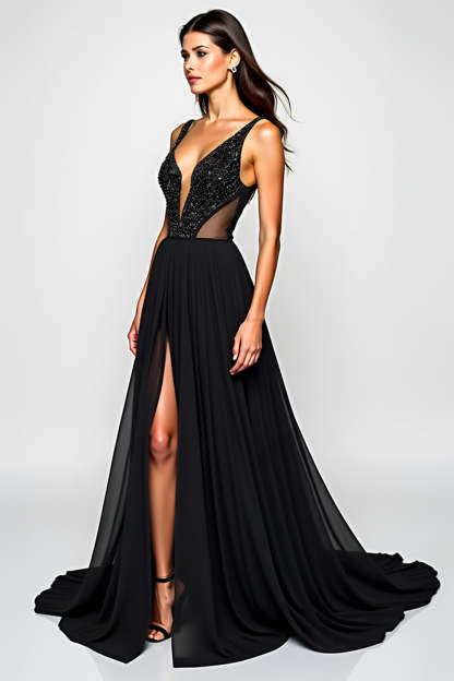 Black A Line V Neck Cut-Out Long Formal Dress with Slit