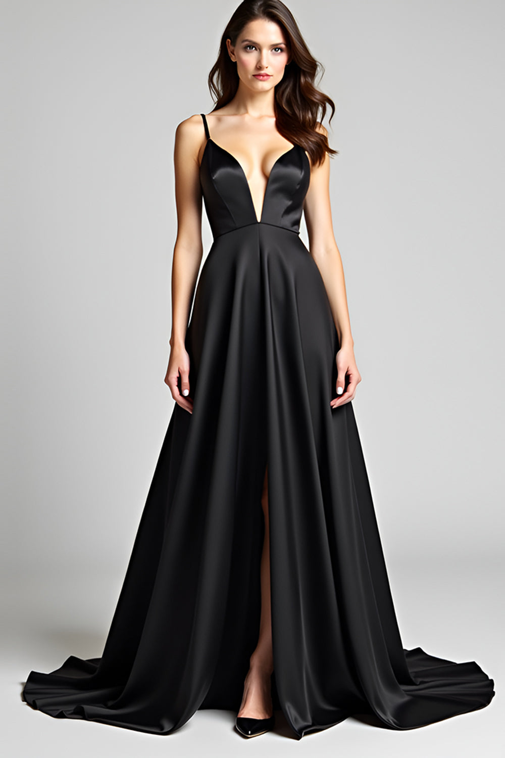 Black A Line Deep V-Neck Long Satin Formal Dress with Slit