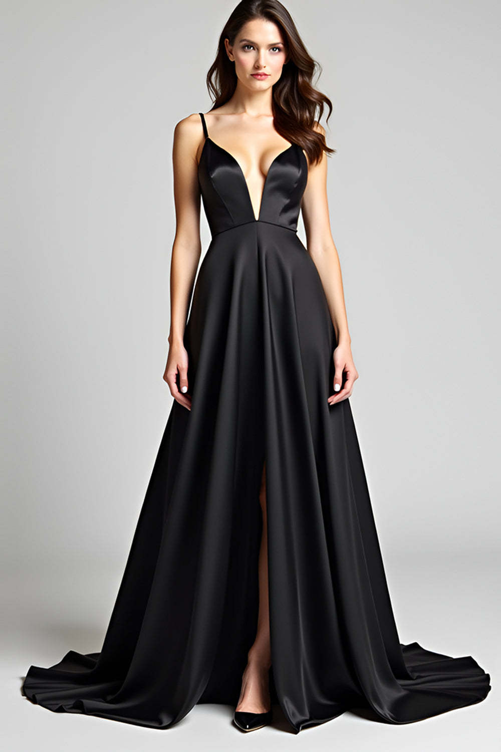 Leely Women Black A Line Long Satin Formal Dress with Slit Deep V-Neck Backless Sleeveless Black Tie Dress