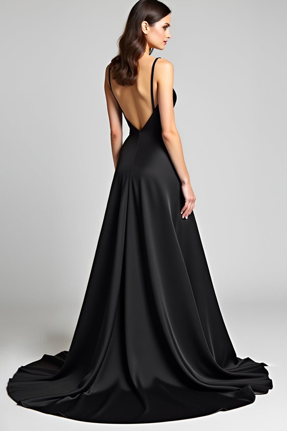 Black A Line Deep V-Neck Long Satin Formal Dress with Slit