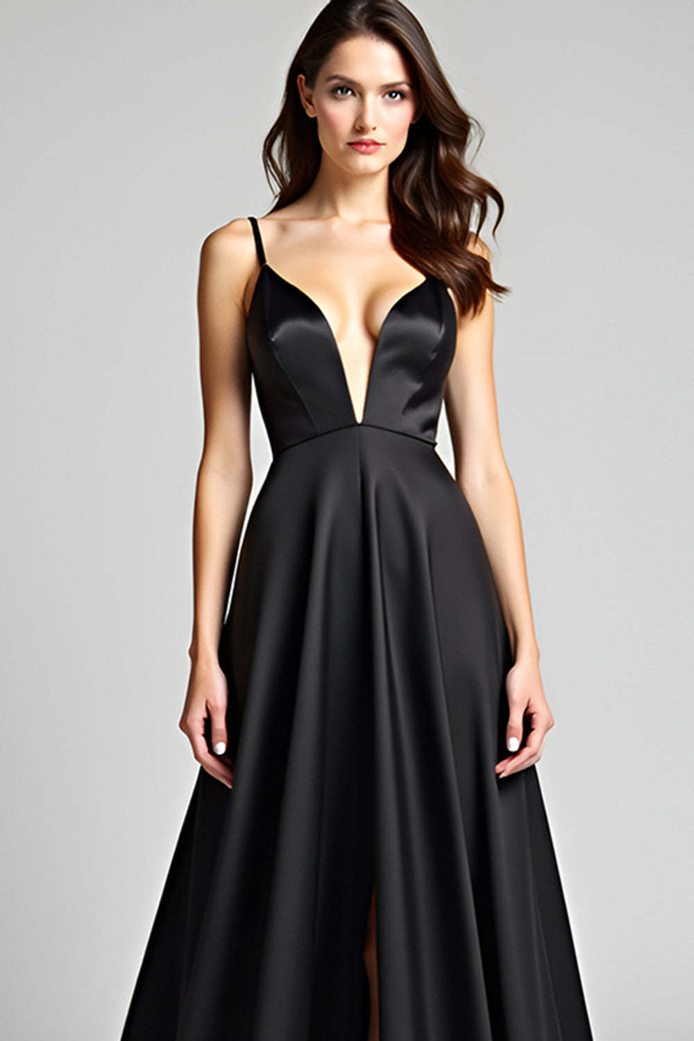 Black A Line Deep V-Neck Long Satin Formal Dress with Slit