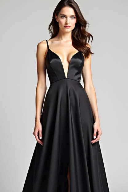 Black A Line Deep V-Neck Long Satin Formal Dress with Slit