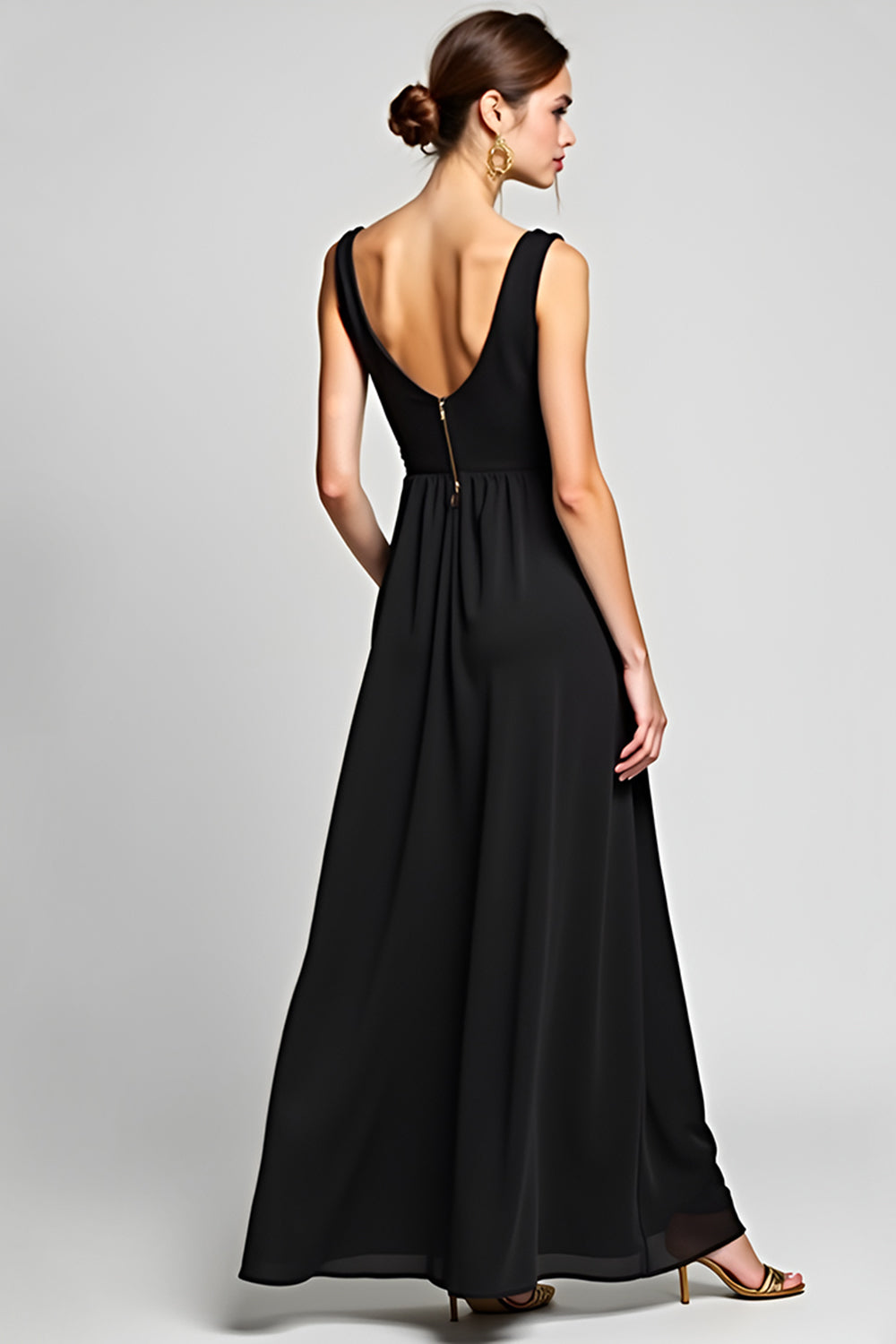 Black A Line V-Neck Long Chiffon Graduation Dress