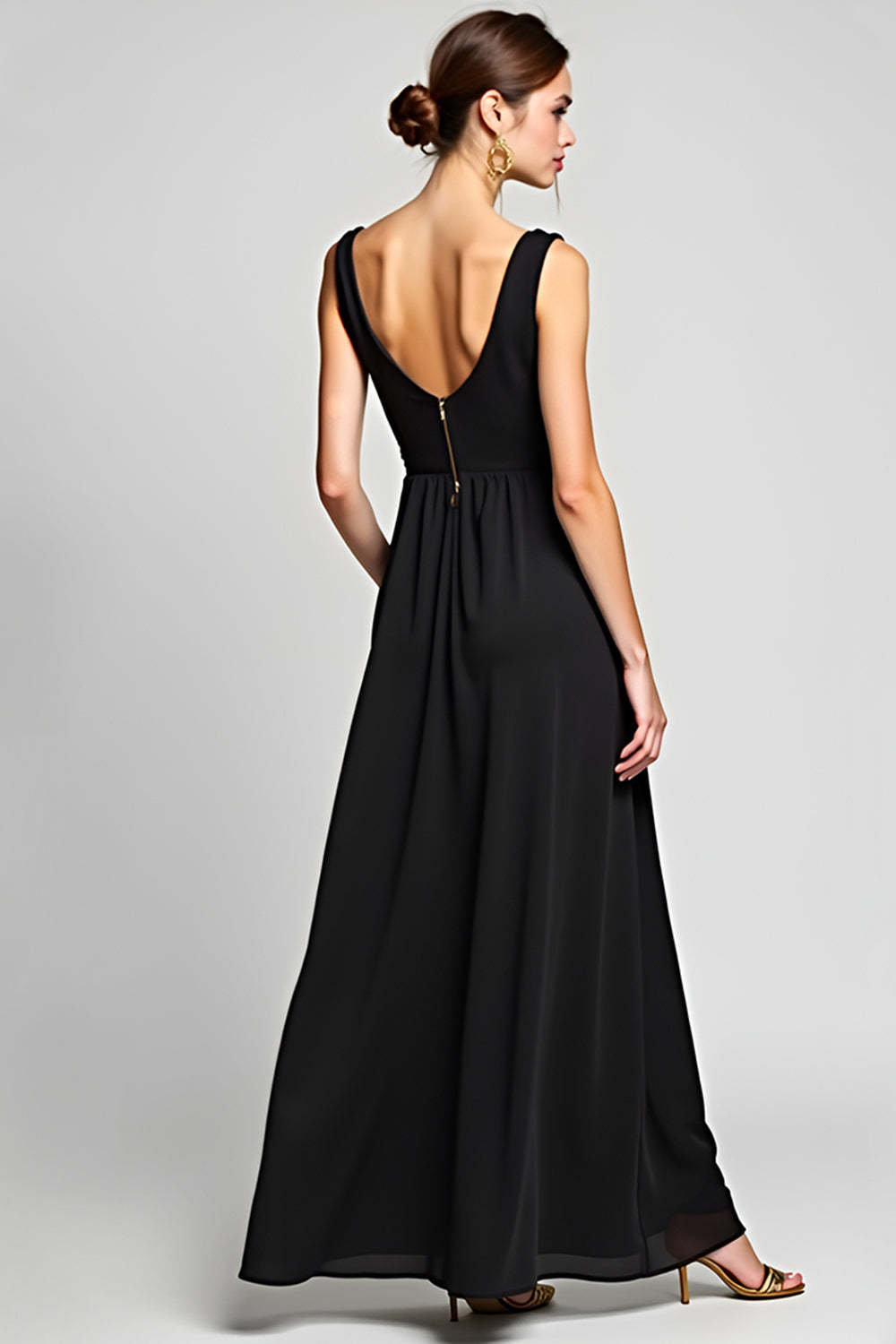 Black A Line V-Neck Long Chiffon Graduation Dress