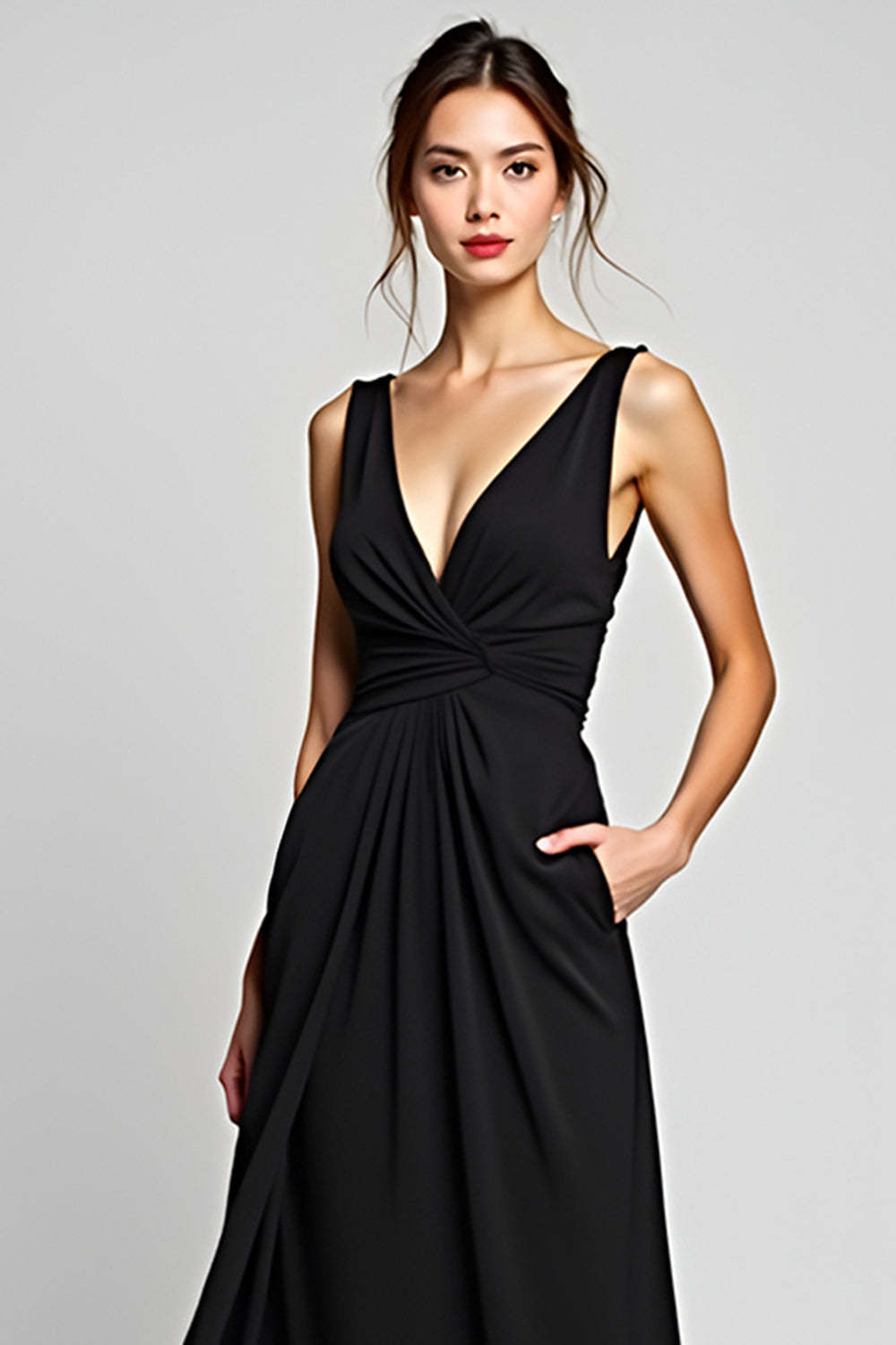 Black A Line V-Neck Long Chiffon Graduation Dress