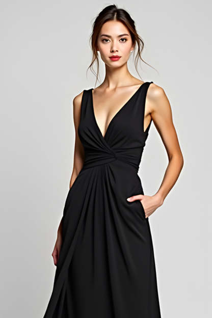 Black A Line V-Neck Long Chiffon Graduation Dress