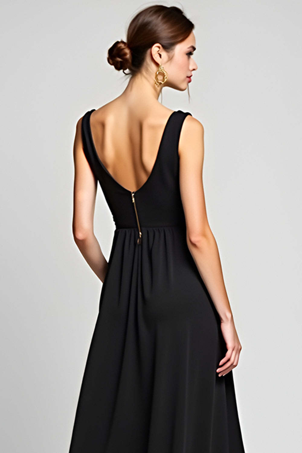 Black A Line V-Neck Long Chiffon Graduation Dress