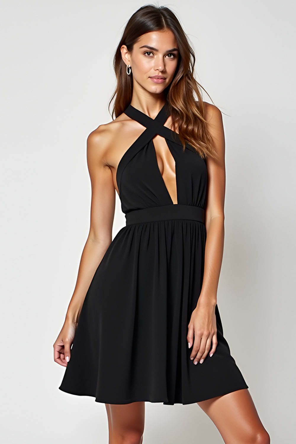Leely Women Black A Line Halter Short Graduation Dress Backless Keyhole Little Black Dress