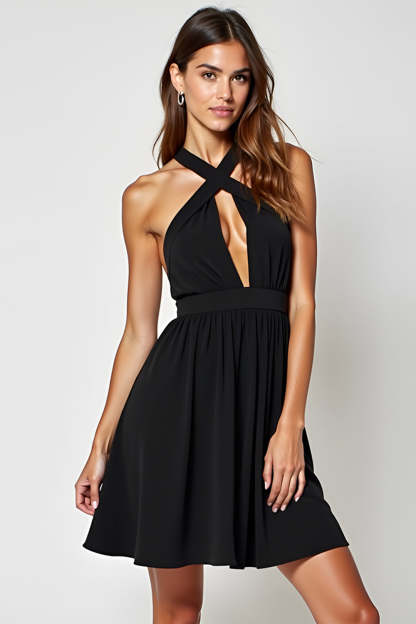 Leely Women Black A Line Halter Short Graduation Dress Backless Keyhole Little Black Dress