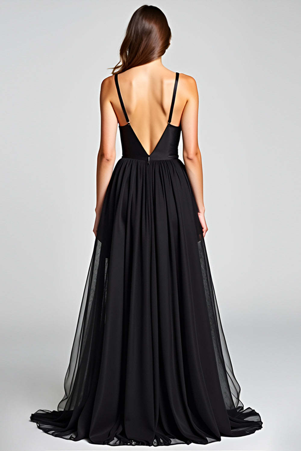 Black A Line Tulle V-Neck Graduation Dress