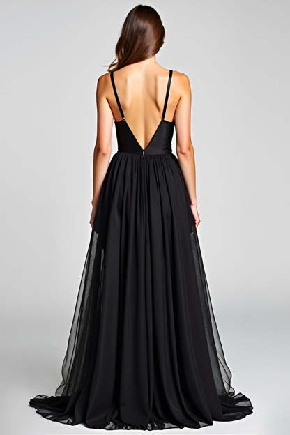 Black A Line Tulle V-Neck Graduation Dress