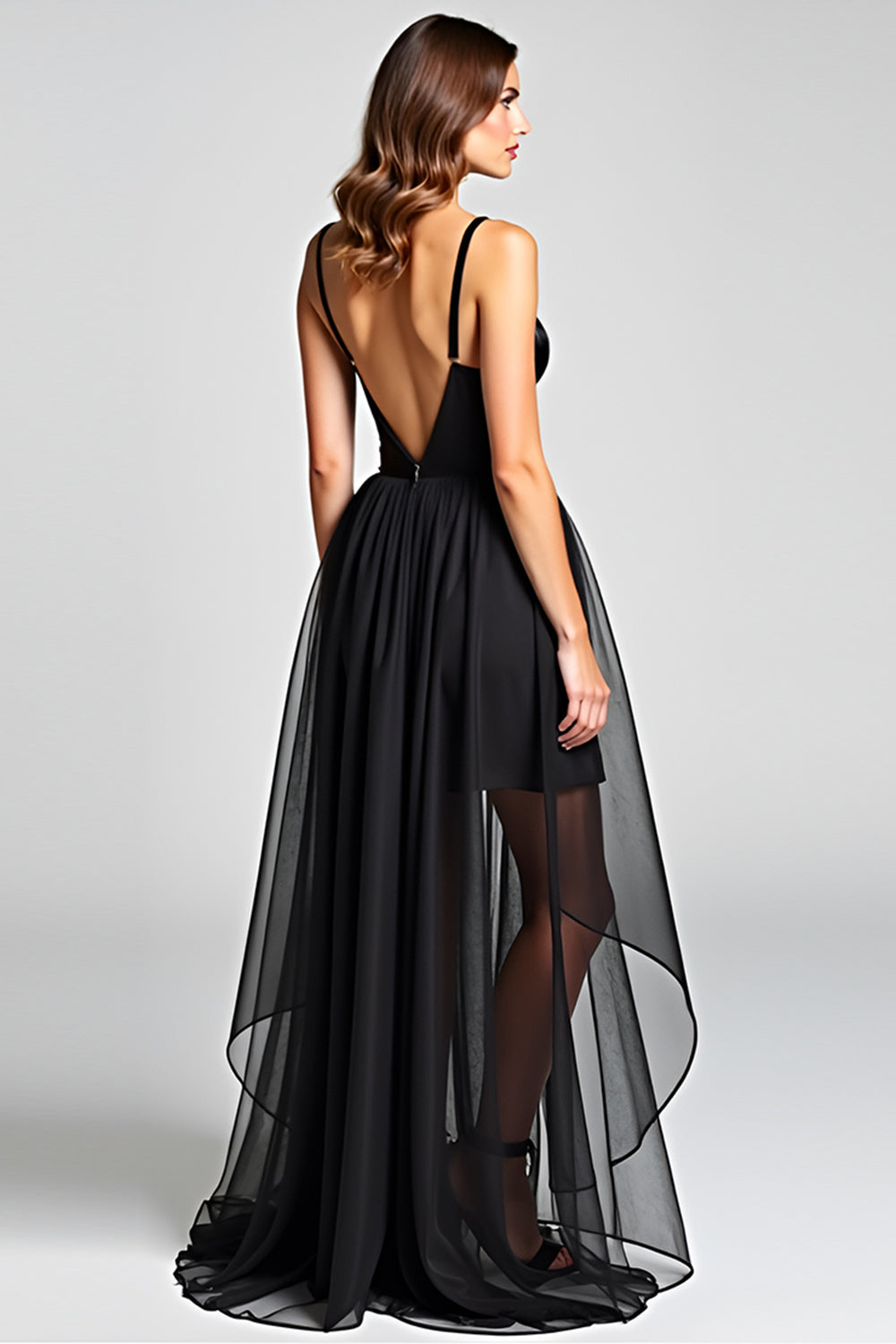 Black A Line Tulle V-Neck Graduation Dress