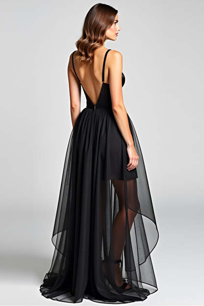 Black A Line Tulle V-Neck Graduation Dress