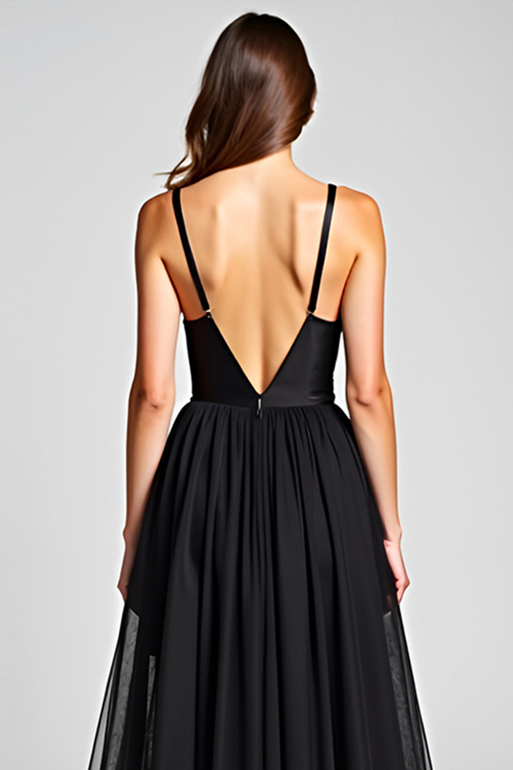 Black A Line Tulle V-Neck Graduation Dress