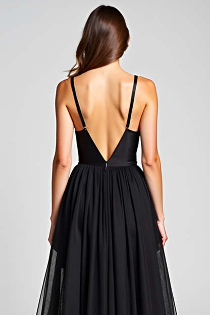 Black A Line Tulle V-Neck Graduation Dress