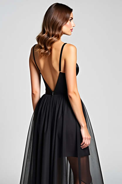 Black A Line Tulle V-Neck Graduation Dress