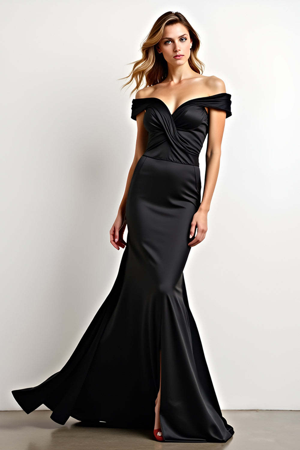 Leely Women Black Mermaid Ruched Long Formal Dress Off the Shoulder Backless Sleeveless Black Tie Dress