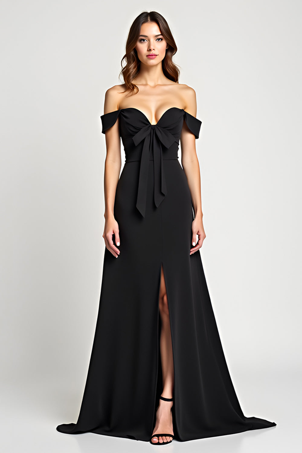 Leely Women Black A Line Bow Long Formal Dress with Slit Off the Shoulder Backless V-Neck Black Tie Dress