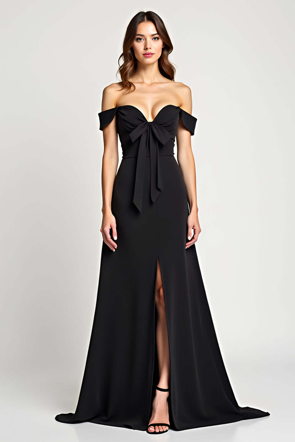 Leely Women Black A Line Bow Long Formal Dress with Slit Off the Shoulder Backless V-Neck Black Tie Dress