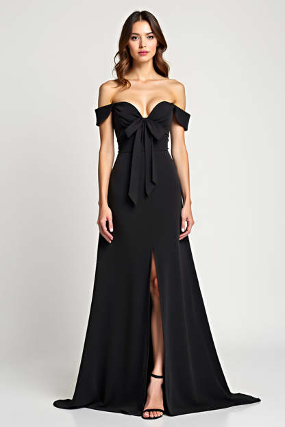 Leely Women Black A Line Bow Long Formal Dress with Slit Off the Shoulder Backless V-Neck Black Tie Dress