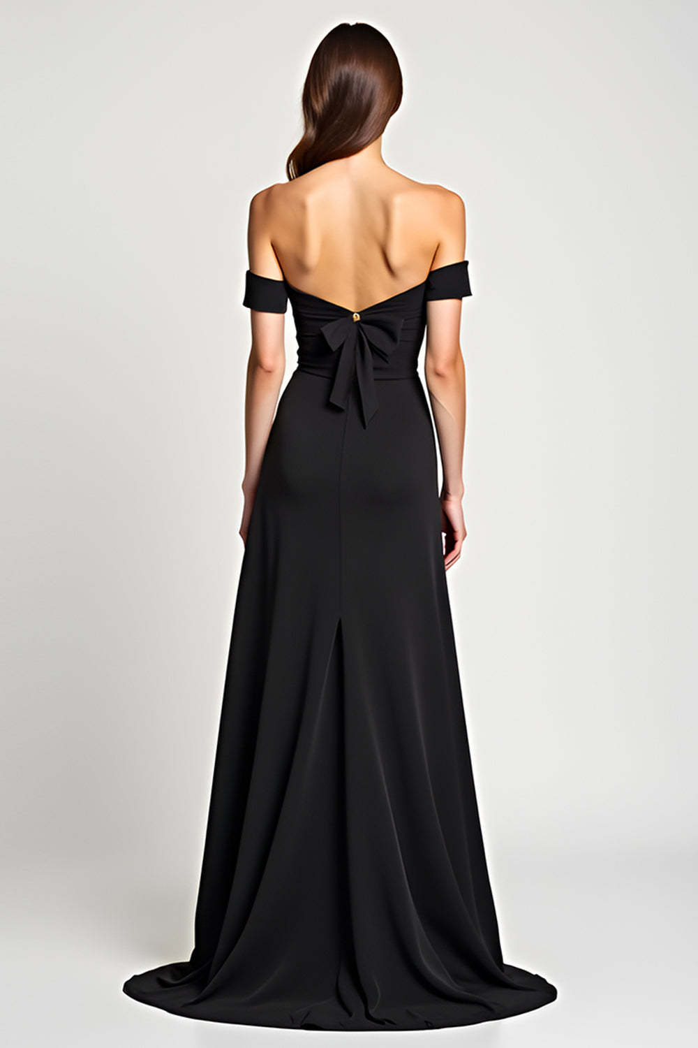 Black A Line Bow Off the Shoulder Long Formal Dress with Slit