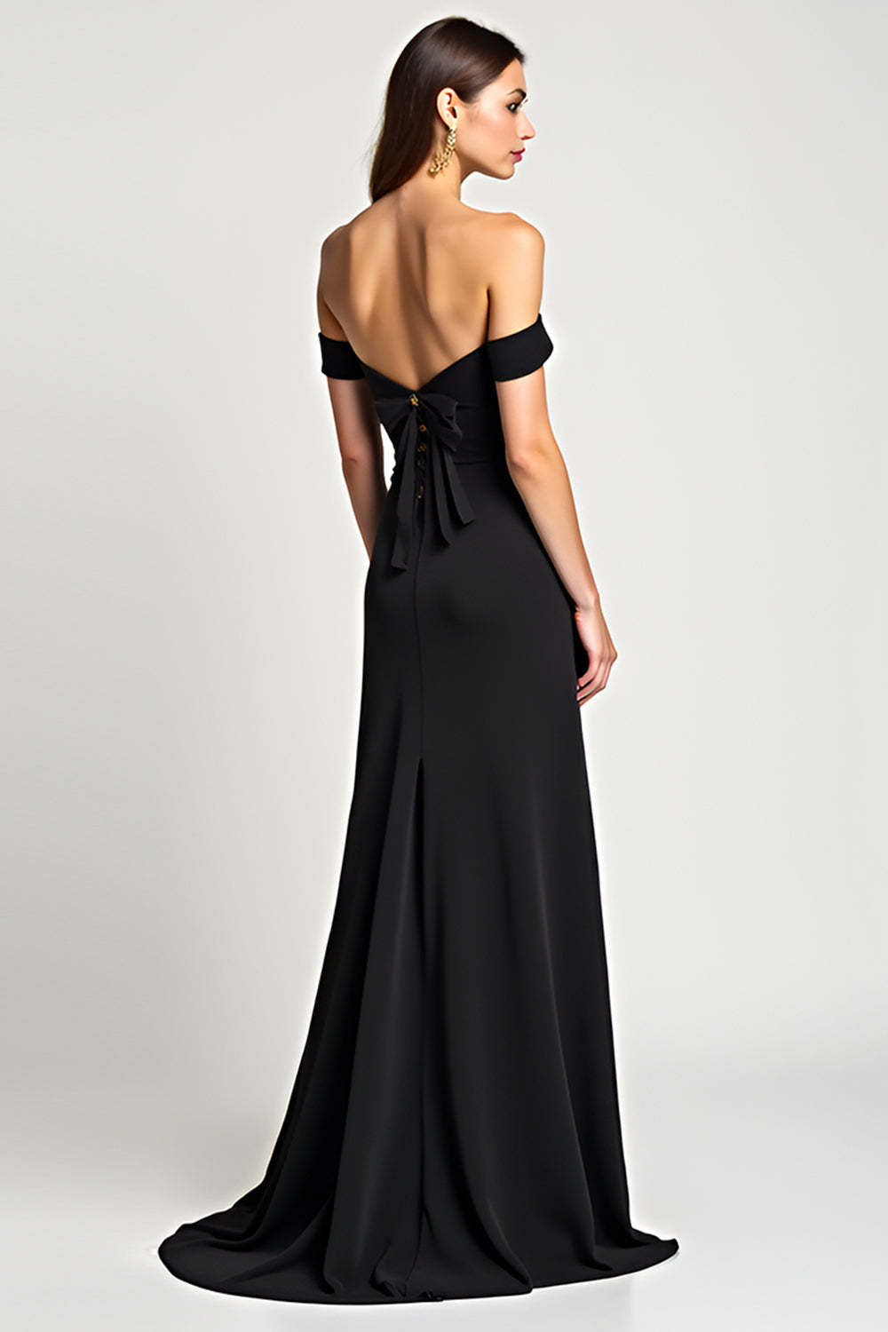 Black A Line Bow Off the Shoulder Long Formal Dress with Slit