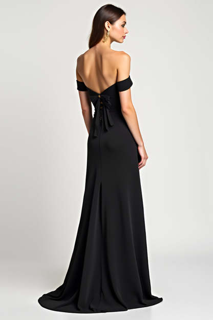 Black A Line Bow Off the Shoulder Long Formal Dress with Slit