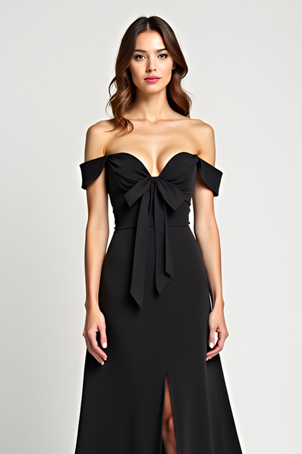 Black A Line Bow Off the Shoulder Long Formal Dress with Slit
