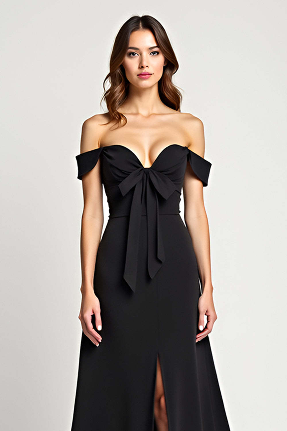 Black A Line Bow Off the Shoulder Long Formal Dress with Slit