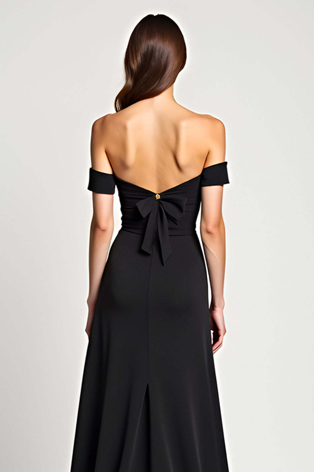 Black A Line Bow Off the Shoulder Long Formal Dress with Slit