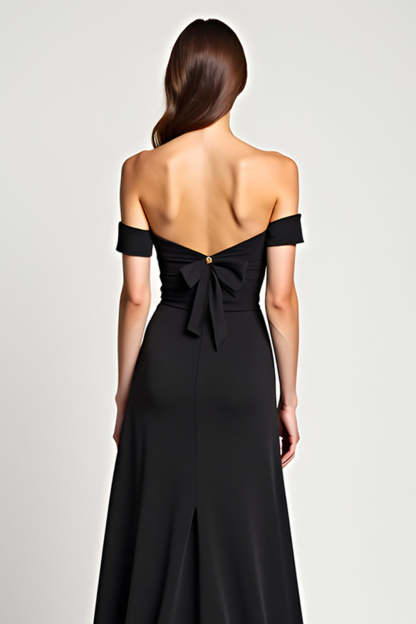 Black A Line Bow Off the Shoulder Long Formal Dress with Slit