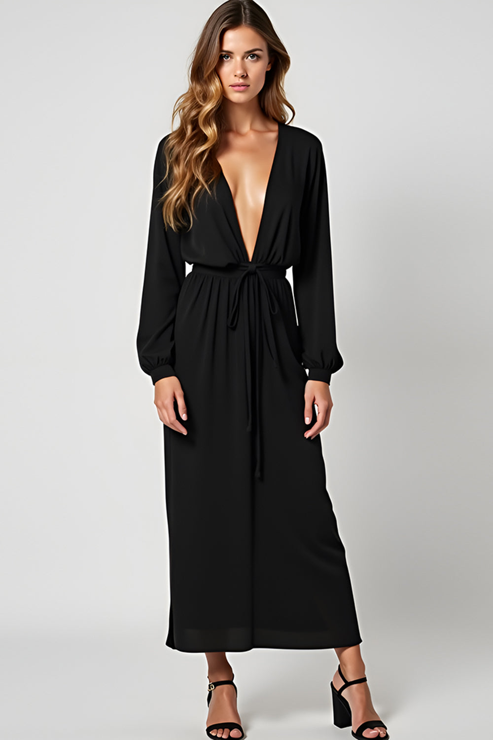 Leely Women Black Long Chiffon Graduation Dress Long Sleeves Deep V-Neck Little Black Dress