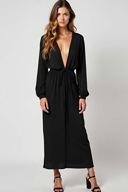 Leely Women Black Long Chiffon Graduation Dress Long Sleeves Deep V-Neck Little Black Dress