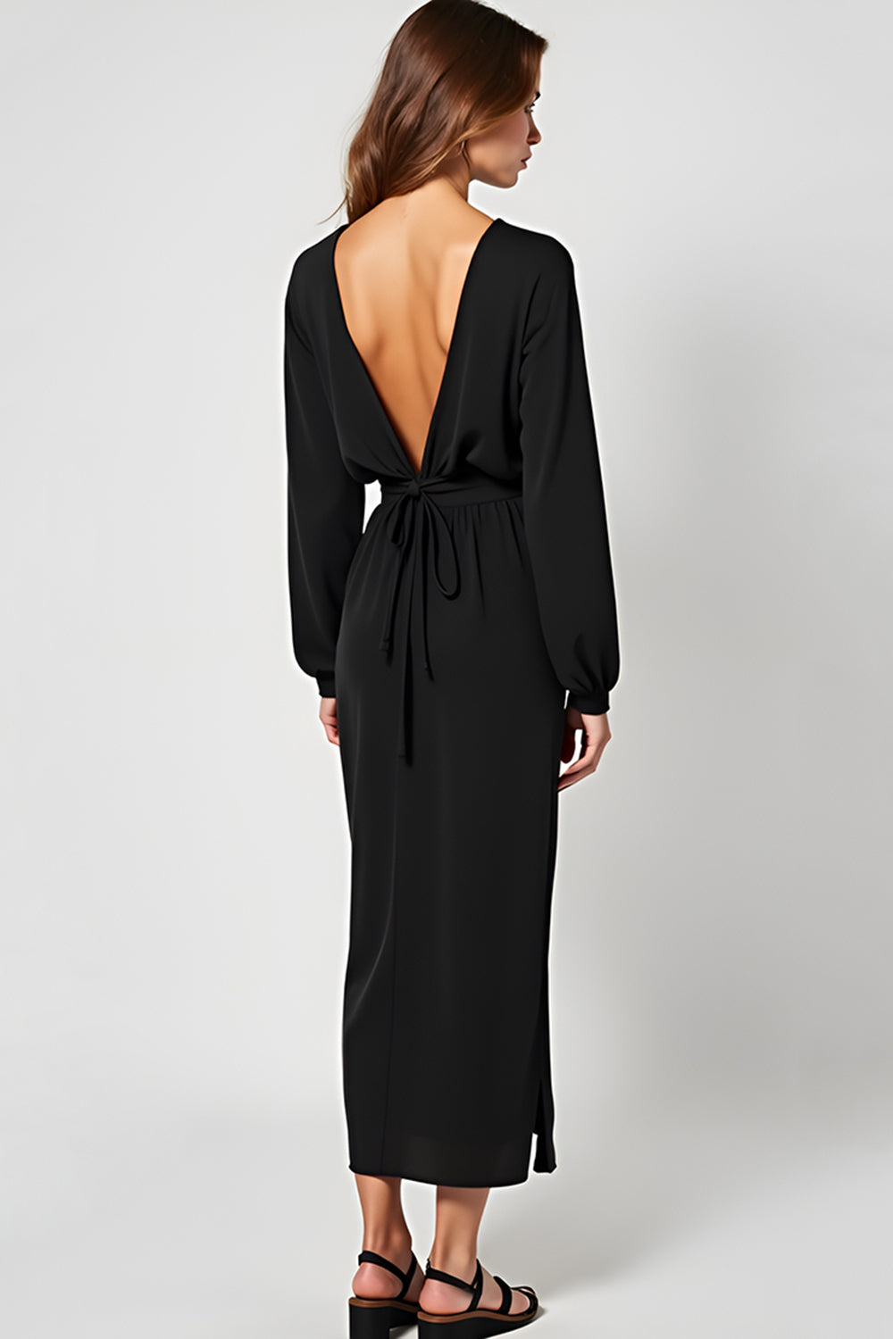 Black V-Neck Long Sleeves Graduation Dress
