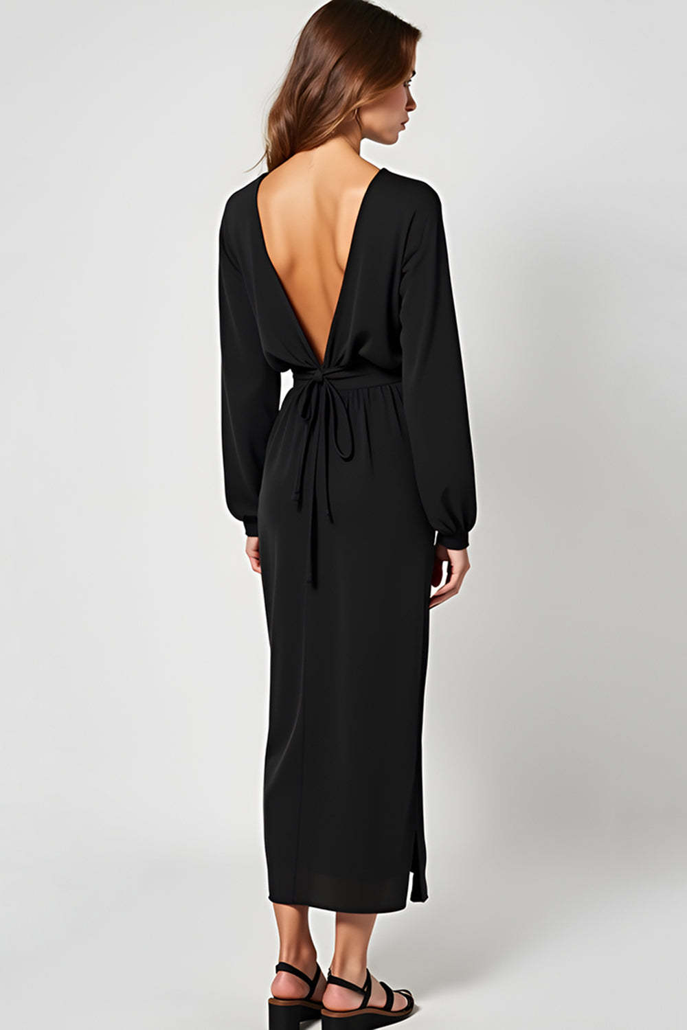 Black V-Neck Long Sleeves Graduation Dress