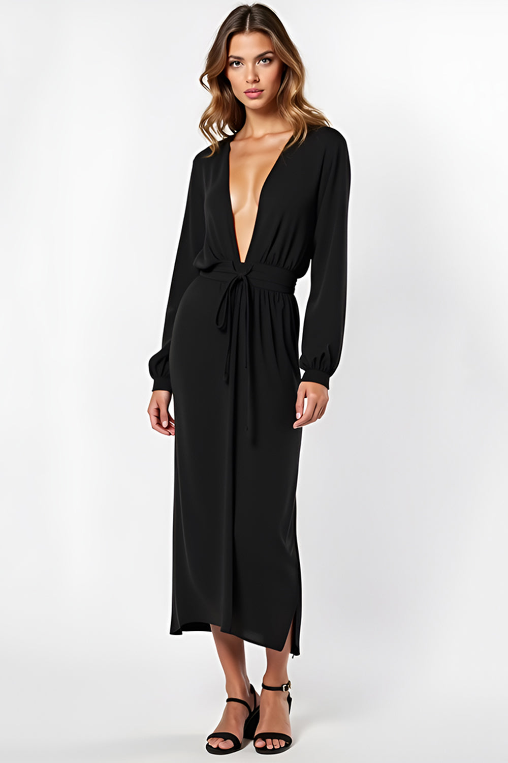 Black V-Neck Long Sleeves Graduation Dress
