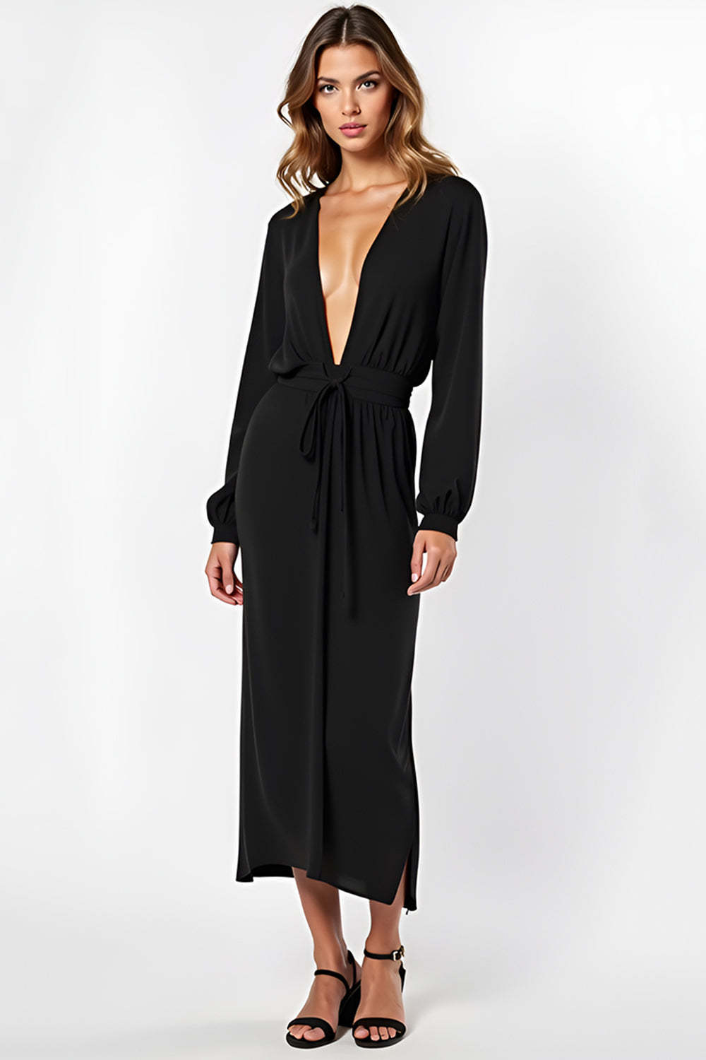 Black V-Neck Long Sleeves Graduation Dress