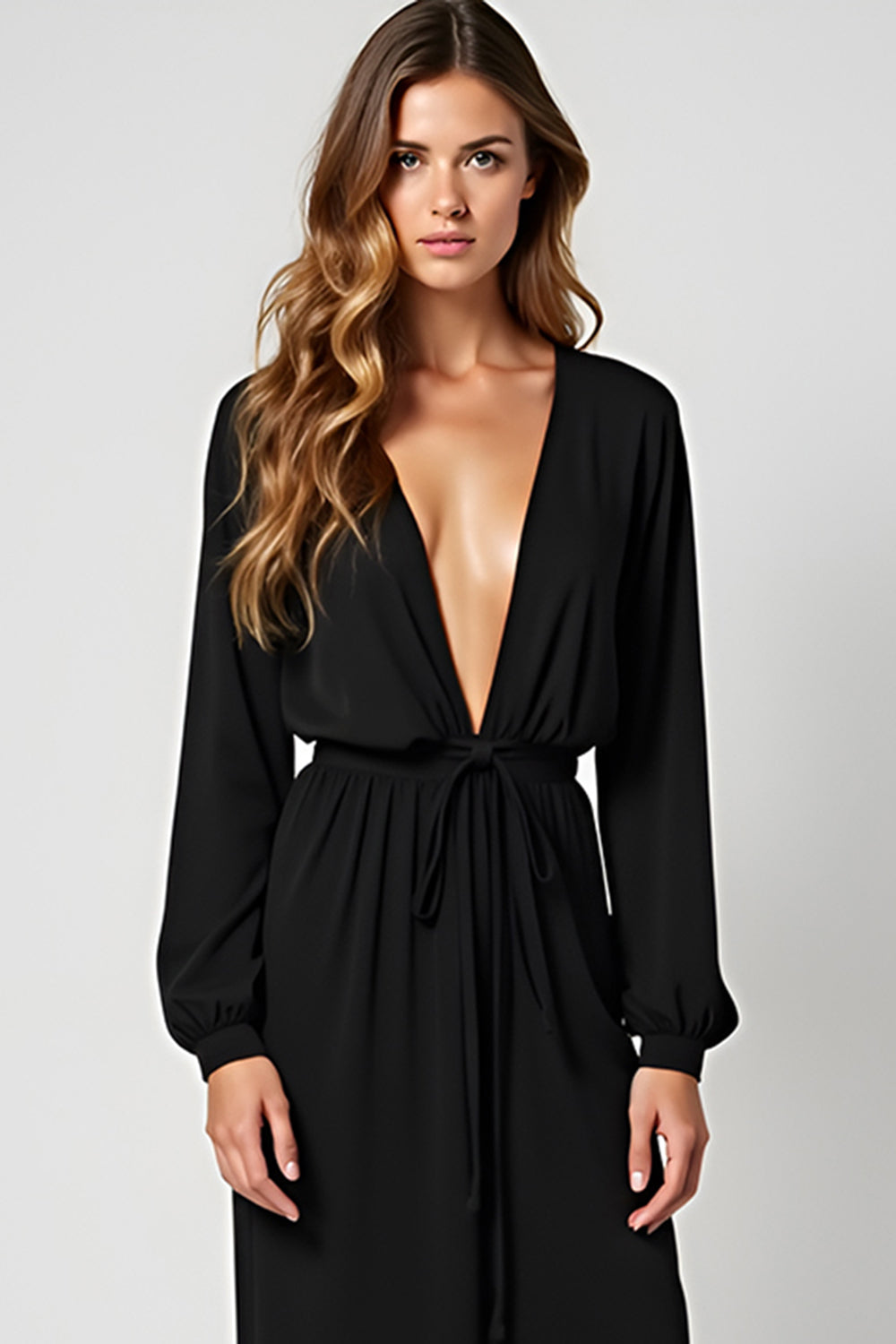 Black V-Neck Long Sleeves Graduation Dress