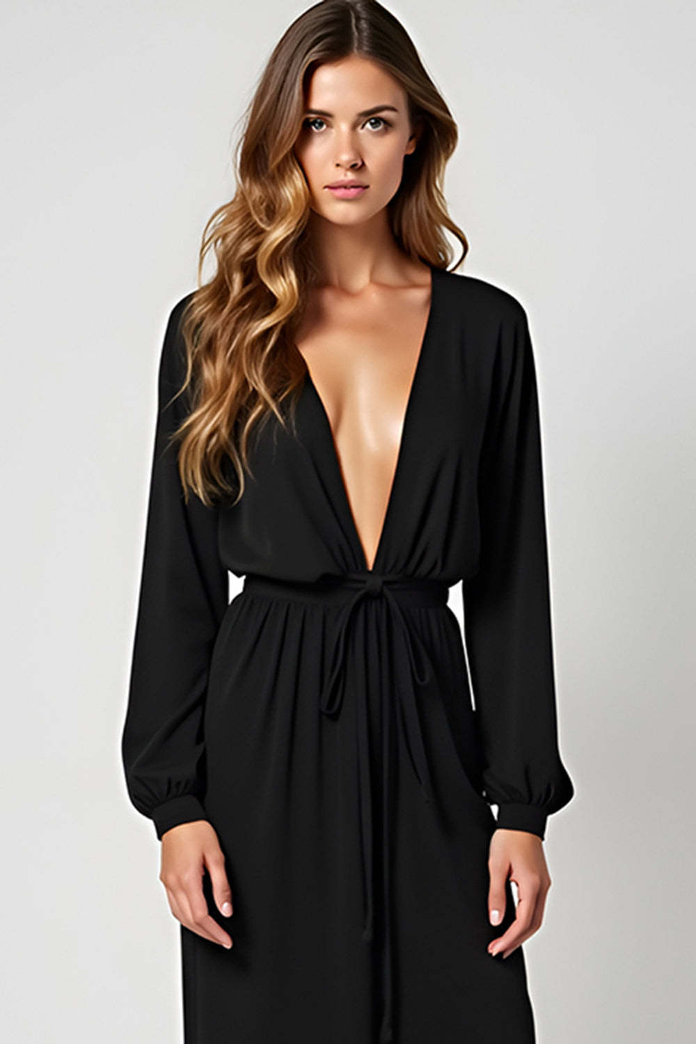 Black V-Neck Long Sleeves Graduation Dress