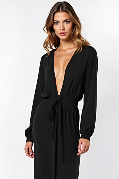 Black V-Neck Long Sleeves Graduation Dress