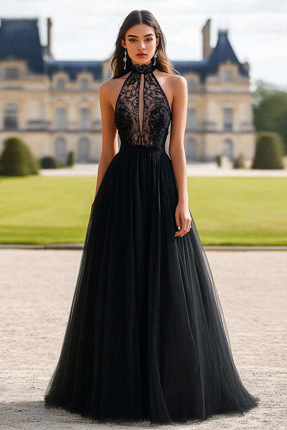 Leely Women Black Halter Prom Dress with Appliques Keyhole Tulle A Line Long Formal Dress