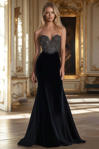 Leely Women Black Sparkly Sweetheart Mermaid Prom Dress with Sequins Sheath Satin Long Formal Dress